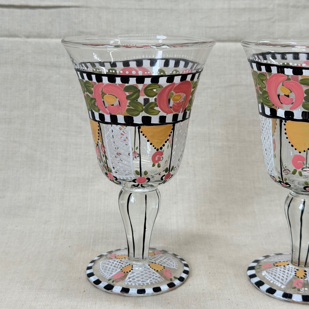 Vintage Mary Engelbreit Hand Painted Wine Goblets Pair Colorful Floral Glasses - Picture 3 of 8